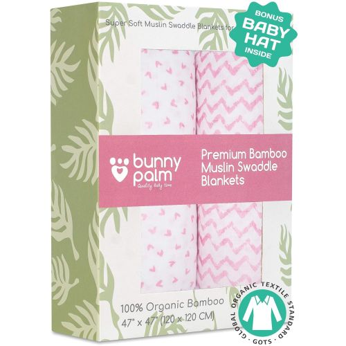  Bunny Palm Muslin Swaddle Blankets - Organic Bamboo Set of 2 Baby Blanket - Large Nursery Swaddle Wrap in Pink Hearts and Chevrons - Receiving Blankets for Newborn Girl