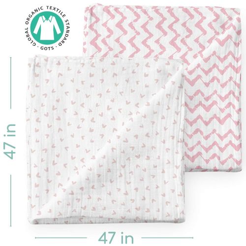  Bunny Palm Muslin Swaddle Blankets - Organic Bamboo Set of 2 Baby Blanket - Large Nursery Swaddle Wrap in Pink Hearts and Chevrons - Receiving Blankets for Newborn Girl
