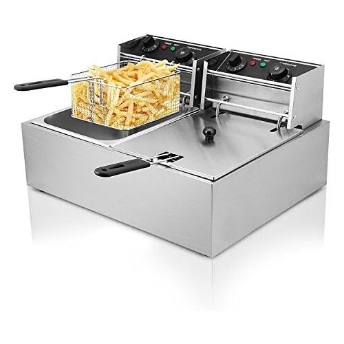  Marke: Buoqua Buoqua 20L Elektrische Friteuse Deep Fryer Edelstahl 5000W Doppeltank Fat Chip Friteuse mit Zeitschaltuhr und Ablasshahn