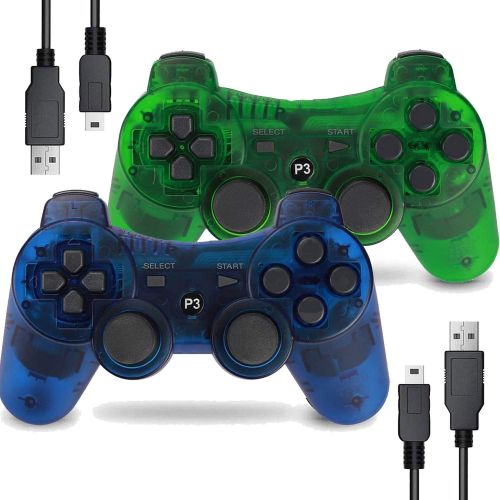  [아마존베스트]Burcica Wireless Controller for PS3 Playstation 3 Dual Shock, Gaming Gamepad Joystick Remote for PS3 6-axis with Charging Cord (Transparent Green and Transparent Blue)
