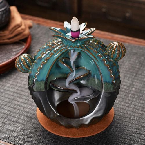  인센스스틱 Buric Waterfall Incense Burner Holder Cute, Ceramic Cactus Backflow Incense Holder with Backflow Incense Cones and Incense Sticks Home Decoration