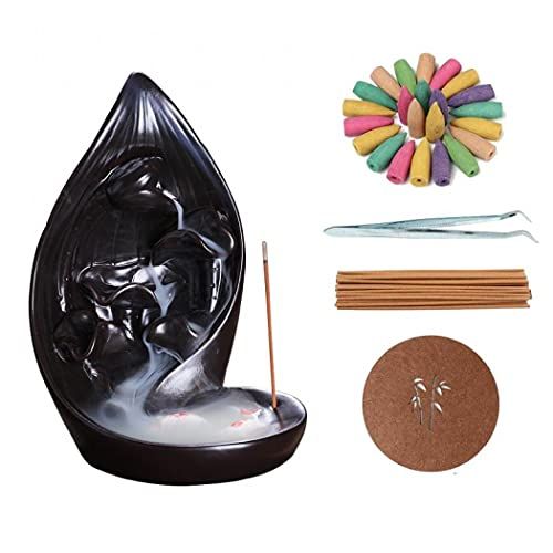  인센스스틱 Buric Handmade Small Backflow Incense Burner Black Ceramic Incense Holder with Fish +20 Incense Cones + 30 Incense Sticks Set