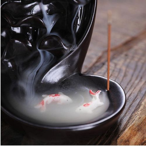  인센스스틱 Buric Handmade Small Backflow Incense Burner Black Ceramic Incense Holder with Fish +20 Incense Cones + 30 Incense Sticks Set