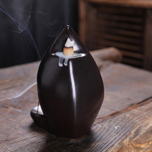  인센스스틱 Buric Handmade Small Backflow Incense Burner Black Ceramic Incense Holder with Fish +20 Incense Cones + 30 Incense Sticks Set