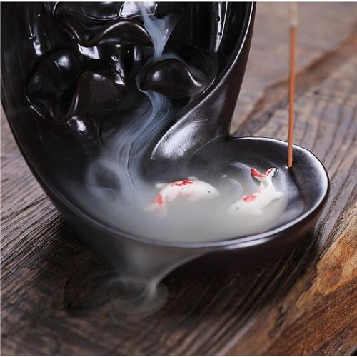  인센스스틱 Buric Handmade Small Backflow Incense Burner Black Ceramic Incense Holder with Fish +20 Incense Cones + 30 Incense Sticks Set