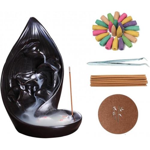  인센스스틱 Buric Handmade Small Backflow Incense Burner Black Ceramic Incense Holder with Fish +20 Incense Cones + 30 Incense Sticks Set