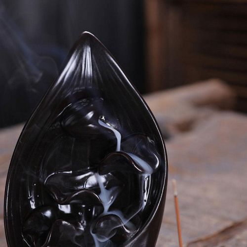  인센스스틱 Buric Handmade Small Backflow Incense Burner Black Ceramic Incense Holder with Fish +20 Incense Cones + 30 Incense Sticks Set