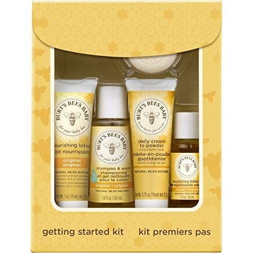  Burts Bees Baby Getting Started Gift Set, 5 Trial Size Baby Skin Care Products - Lotion, Shampoo & Wash, Daily Cream-to-Powder, Baby Oil and Soap