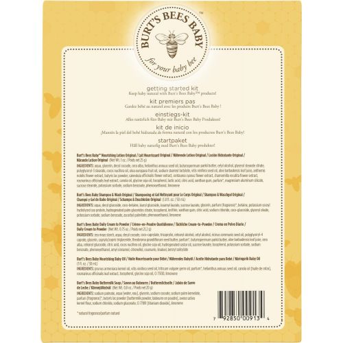  Burts Bees Baby Getting Started Gift Set, 5 Trial Size Baby Skin Care Products - Lotion, Shampoo & Wash, Daily Cream-to-Powder, Baby Oil and Soap