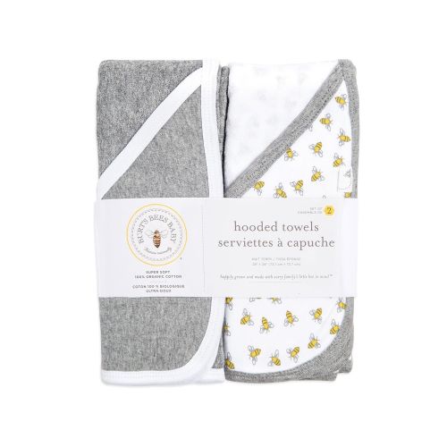  [아마존베스트]Burts Bees Baby - Hooded Towels, Absorbent Knit Terry, Super Soft Single Ply, 100% Organic Cotton (Honey Bee/Grey, 2-Pack)