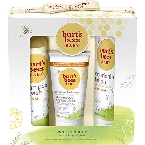  Burts Bees Baby Sweet Memories Gift Set with Keepsake Photo Box, 4 Baby Products Shampoo & Wash, Lotion, Diaper Rash Ointment and Soap