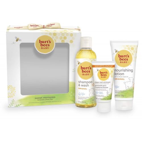  Burts Bees Baby Sweet Memories Gift Set with Keepsake Photo Box, 4 Baby Products Shampoo & Wash, Lotion, Diaper Rash Ointment and Soap
