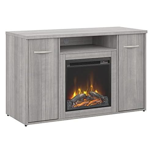  Bush Business Furniture Studio C 48W Office Storage Cabinet with Doors and Electric Fireplace in Platinum Gray