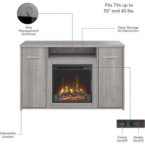  Bush Business Furniture Studio C 48W Office Storage Cabinet with Doors and Electric Fireplace in Platinum Gray