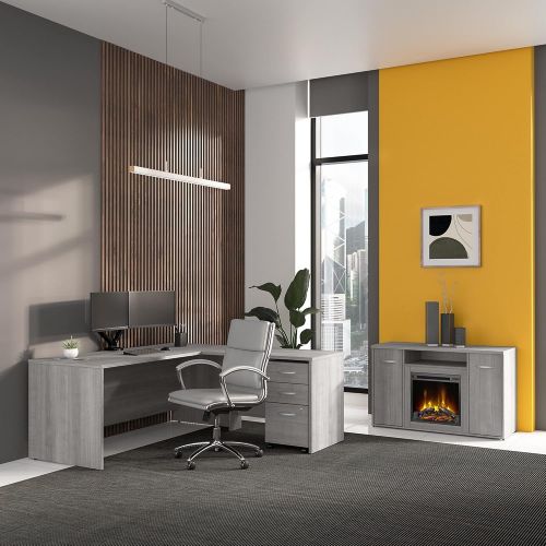  Bush Business Furniture Studio C 48W Office Storage Cabinet with Doors and Electric Fireplace in Platinum Gray