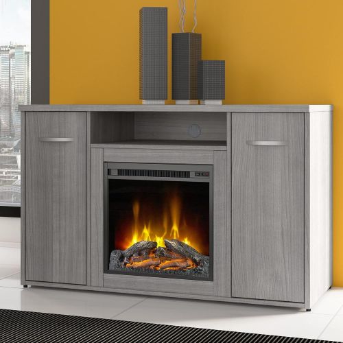  Bush Business Furniture Studio C 48W Office Storage Cabinet with Doors and Electric Fireplace in Platinum Gray