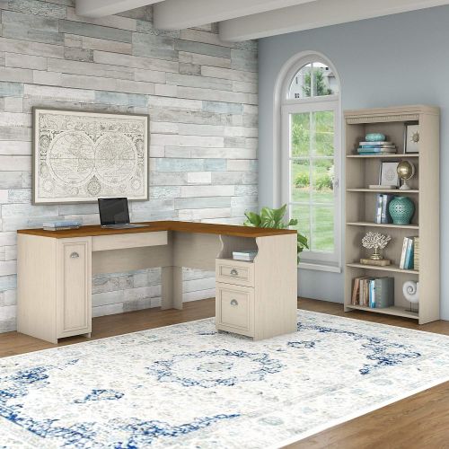  Bush Furniture Fairview L Shaped Desk and 5 Shelf Bookcase in Antique White