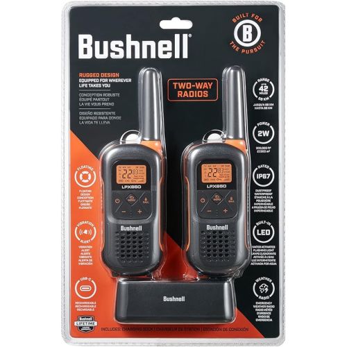 부쉬넬 New Bushnell LPX650 Walkie Talkies - Waterproof Long Range Two Way Radios, IP67 Rugged Floating Design, USB-C Rechargeable - Equipped for Wherever Life Takes You (2 Pack)