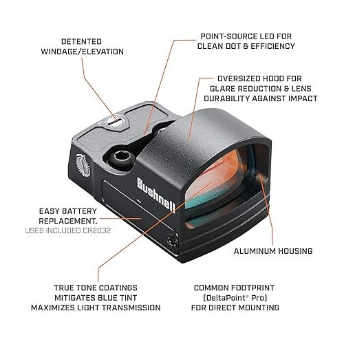 부쉬넬 Bushnell RXS100 Reflex Sight, Red Dot Sight with 4 MOA and 8 Brightness Settings, Durable with Long Battery Life