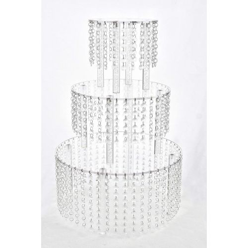  Butterflyevent 3 Tier Round Acrylic Cupcake Tower Stand with Hanging Crystal Beaded Chandelier wedding Party Dessert Cake Display Tower