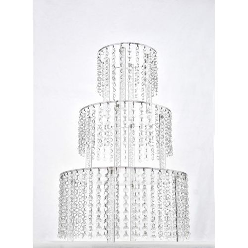  Butterflyevent 3 Tier Round Acrylic Cupcake Tower Stand with Hanging Crystal Beaded Chandelier wedding Party Dessert Cake Display Tower
