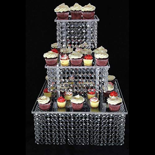  Butterflyevent 3 Tier Square Acrylic Crystal Beaded Chandelier Cake Stand For Birthday Wedding Party Cascade Cupcake Tower Wedding Centerpiece