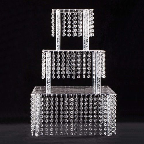  Butterflyevent 3 Tier Square Acrylic Crystal Beaded Chandelier Cake Stand For Birthday Wedding Party Cascade Cupcake Tower Wedding Centerpiece