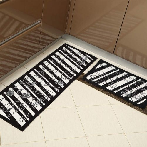  Buwico BUBM Home and Kitchen Rug Runners with Non-Slip Rubber Backing,Perfect for Kitchen Floor,Black Kitchenware Design (Set of 2, 15.7x47.2+15.7x23.6)