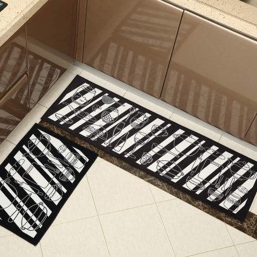  Buwico BUBM Home and Kitchen Rug Runners with Non-Slip Rubber Backing,Perfect for Kitchen Floor,Black Kitchenware Design (Set of 2, 15.7x47.2+15.7x23.6)