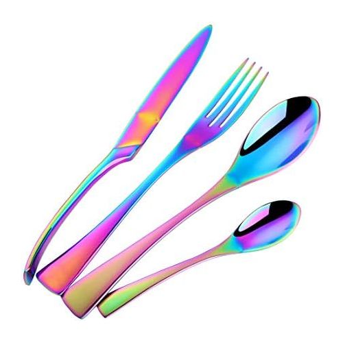  Buyer Star 4stk Besteckset Regenbogen Edelstahl Besteck Set for 1 Utensilien Geschirr Bunter Messer Gabel Loeffel Teeloeffel