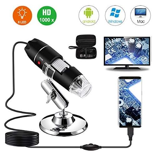  [아마존베스트]USB Digital Microscope 40X to 1000X, Bysameyee 8 LED Magnification Endoscope Camera with Carrying Case & Metal Stand, Compatible for Android Windows 7 8 10 Linux Mac