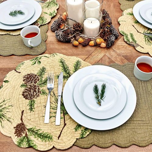  C&F Home Woodland Retreat 17 x 17 Quilted Reversible Cotton Placemats Round Table Mat Pinecone Decor Decoration Cabin Rustic Lodge Brown Green Round Placemat Set of 6 Tan