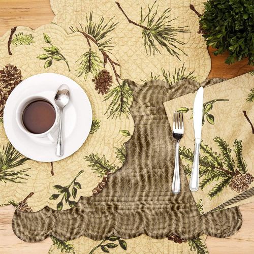  C&F Home Woodland Retreat 17 x 17 Quilted Reversible Cotton Placemats Round Table Mat Pinecone Decor Decoration Cabin Rustic Lodge Brown Green Round Placemat Set of 6 Tan