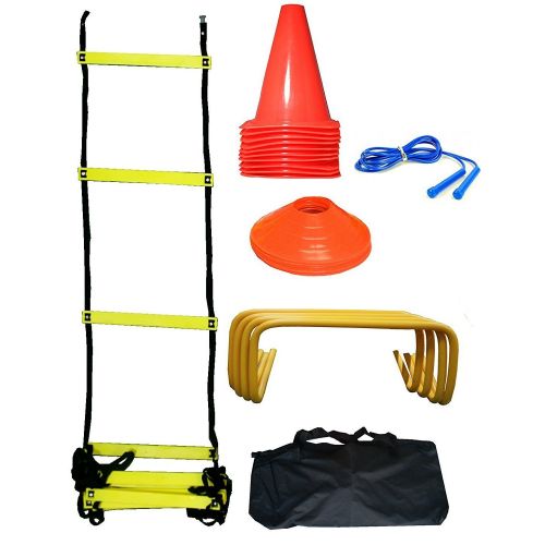  C&W CW Soccer Football Pro Training Kit Complete For Speed & Agility Training Excersise Including (Ladder+Tall Ground Marking Cons + Skipping Rope Hurdles+Sucer Cones) all kit with car