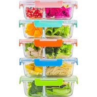 C CREST 5-Pack,3 Compartment Glass Meal Prep Containers Set,34oz, Divided Glass Food Storage Containers with Lids, Glass Lunch Box with Dividers