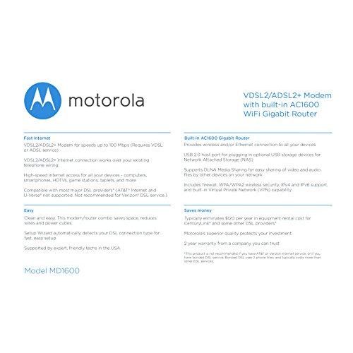 모토로라 C2G MOTOROLA VDSL2/ADSL2+ Modem + WiFi AC1600 Gigabit Router, Model MD1600, for Non-Bonded DSL from CenturyLink, Frontier, and Some Other DSL Providers