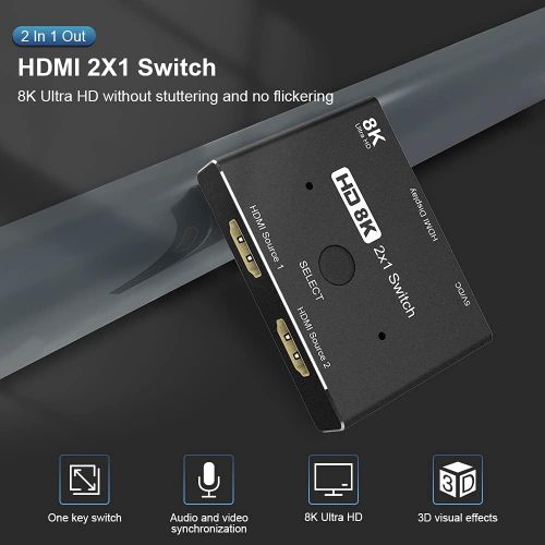  CABLEDECONN HDMI 2.1 Ultra HD 8K High Speed 48Gbps Directional Switch Only 2in 1out 8K@60Hz 4K@120Hz Converter Compatible with Xbox PS5 Projectors Monitors