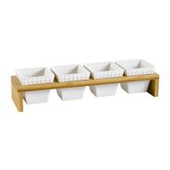 CAC China PTW-5 Accessories Four Bone White Porcelain Square Bowls with Bamboo Stand, Box of 12
