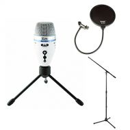 CAD Audio ZOE USB Condenser Microphone with TrakMix Headphone Output, On Stage MS7701B Euro Boom Mic Stand, and Knox Gear Pop Filter
