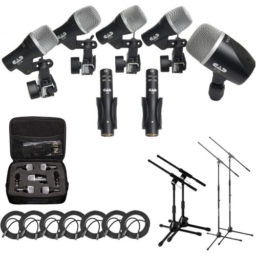  CAD Audio Stage7 Premium 7-Piece Drum Instrument Mic Pack with Vinyl Carrying Case with 2 Mic Stands & 2 Kick Stands and 7 XLR Microphone Cables XLR-M to XLR-F