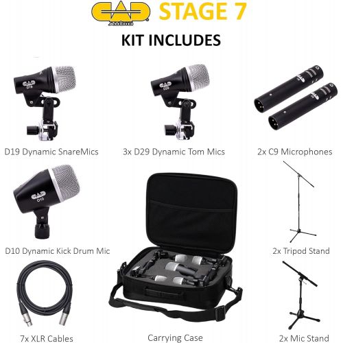  CAD Audio Stage7 Premium 7-Piece Drum Instrument Mic Pack with Vinyl Carrying Case with 2 Mic Stands & 2 Kick Stands and 7 XLR Microphone Cables XLR-M to XLR-F