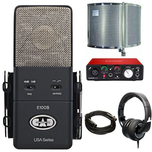  CAD Audio Large Diaphragm Supercardioid Condenser E100S Microphone with CAD Audio Acoustic Enclosure + CAD Audio Closed-back Studio Headphones + Focusrite Scarlett Solo USB Audio I