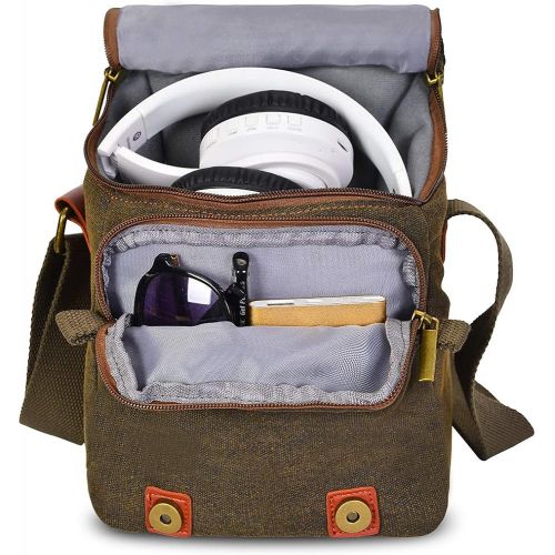  CADeN Compact Camera Bag Case Canvas Leather Trim Compatible for Nikon, Canon, Sony Mirrorless Camera and Lenses Waterproof, Camera Shoulder Messenger Bag