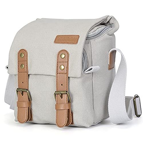  CADeN Compact Camera Bag Case Canvas Leather Trim Compatible for Nikon, Canon, Sony Mirrorless Camera and Lenses Waterproof, Camera Shoulder Messenger Bag