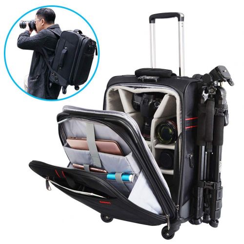  CADeN Camera Backpack Trolley Case with Mute Alloy Axis Spinner Wheel, Waterproof Large Capacity Rolling Camera Bag for DSLR Camera, Lens, Flash, Tripod, 17 Inch Laptop, Drone and