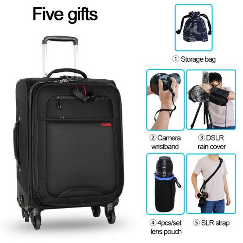  CADeN Camera Backpack Trolley Case with Mute Alloy Axis Spinner Wheel, Waterproof Large Capacity Rolling Camera Bag for DSLR Camera, Lens, Flash, Tripod, 17 Inch Laptop, Drone and