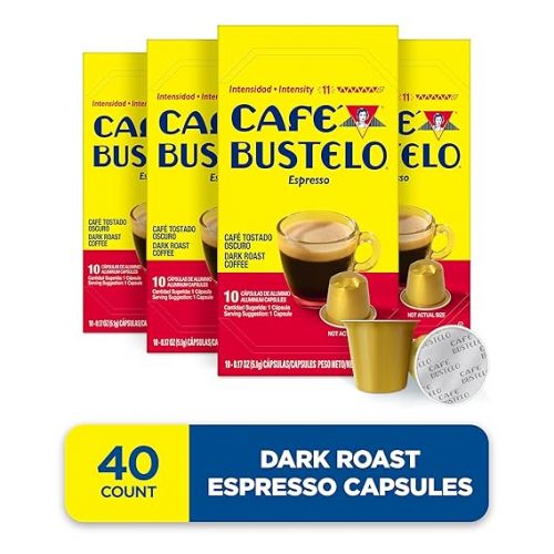  Cafe Bustelo Aluminum Espresso Capsules, Dark Roast Coffee, Nespresso OriginalLine Compatible, Intensity 11, 40 Count