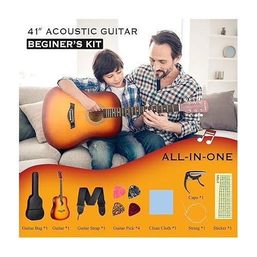  CAHAYA Acoustic Guitar For Beginner 41-inch - Full Size Wood Guitar Kit for Kids and Adults with Guitar bag Brass strings Capo String Pick and Clean Cloth for Gift CY0353