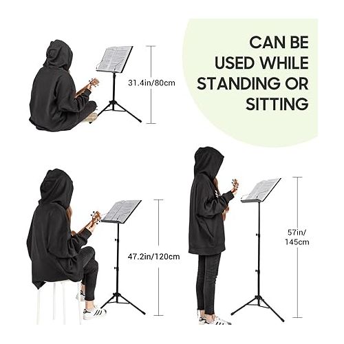 CAHAYA Portable Sheet Music Stand: 3 in 1 Dual-use Sheet Music Stand & Desktop Book Stand Adjustable 31.4-55.9 in with Book Stand Support, Carrying Bag