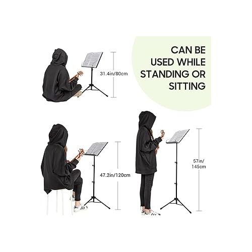  CAHAYA Portable Sheet Music Stand: 3 in 1 Dual-use Sheet Music Stand & Desktop Book Stand Adjustable 31.4-55.9 in with Book Stand Support, Carrying Bag